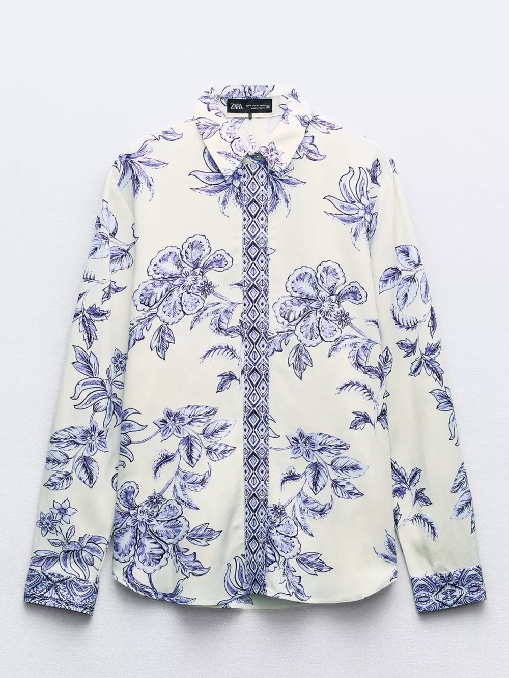 ZARA sz M new Cream Button-Down Shirt with Blue Floral Motif
